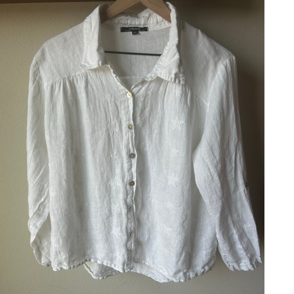 Charlie B Made in Italy White Embroidered 100% Linen Long-Sleeve Shirt Size G/L